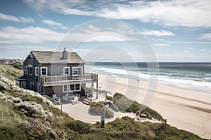 cape cod beach house with ocean view, sunbathers and surfers in the distance