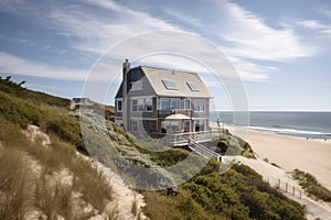 cape cod beach house with ocean view, sunbathers and surfers in the distance
