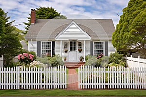 cape cod home with brick facade and a white picket fence