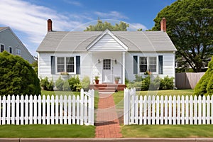 cape cod home with brick facade and a white picket fence