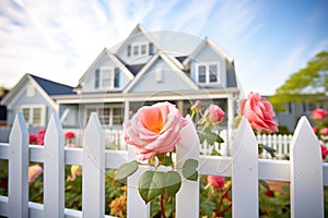 cape cod home with dormers behind a white picket fence with roses
