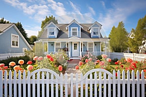 cape cod home with dormers behind a white picket fence with roses