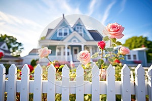 cape cod home with dormers behind a white picket fence with roses