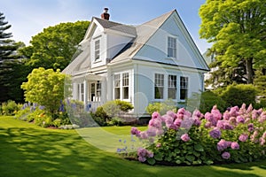 cape cod house with a blooming garden in the front and side gable roof