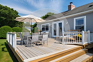 cape cod house exterior with wooden deck and outdoor furniture