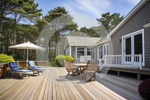 cape cod house exterior with wooden deck and outdoor furniture