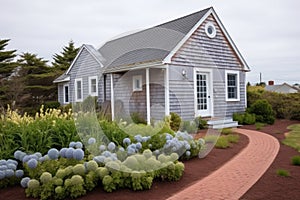 a cape cod house with a side gable roof near a sandy path