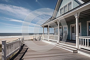 cape cod house with wrap-around porch, rocking chairs, and view of the beach