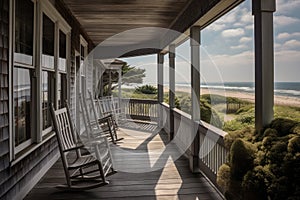 cape cod house with wrap-around porch, rocking chairs, and view of the beach