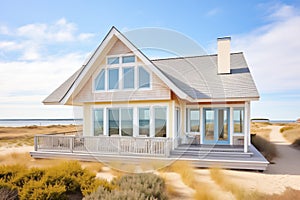 cape cod style with dormers on a beach dune with ocean in the background
