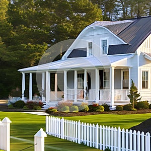 A Cape Cod-style home with weatherboard siding, a cedar roof, and a white picket fence4, Generative AI