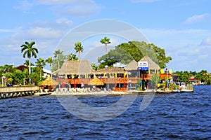 Cape Coral, Florida, U.S - December 3, 2018 - The view of Boat House Tiki Bar and Grill by the bay