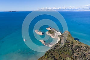 Cape Drastis, beautiful landscape of Akra Drastic, Peroulades village, Corfu island, Greece, with turqoise water and sea beach,