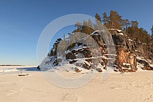 Cape of the frozen winter Barents sea