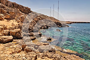 Cape Greco peninsula landscape with radar station, Cyprus