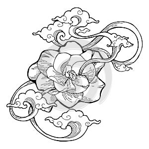 Cape jasmine, Gardenia jasmine and aroma cloud design by ink drawing tattoo with white isolated background.