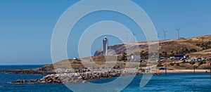 Cape Jervis Lighthouse and windfarm viewed from the sea, South A