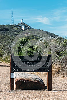 Cape Point Signage With Lighthouse in the Background in South Africa