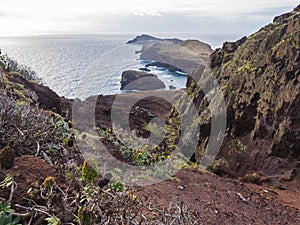 Cape Ponta de Sao Lourenco, Canical, East coast of Madeira Island, Portugal. Scenic volcanic landscape of Atlantic Ocean
