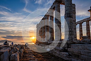 Poseidon temple ruins on Cape Sounio on sunset, Greece