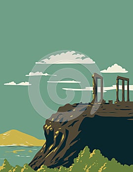 Cape Sounion with Temple of Poseidon Ruins Greece WPA Art Deco Poster