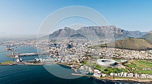 Cape Town aerial view from a helicopter with the stadium in th