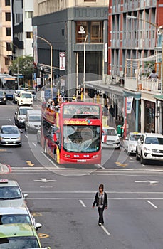 A double-decker tourist bus in Cape Town,  South Africa.
