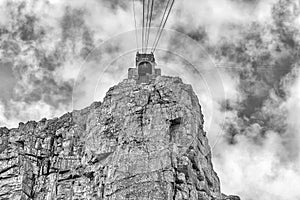 Cable station on Table Mountain seen from cable car. Monochrome