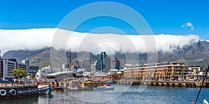 Cape Town, South Africa - January 29, 2020: Table Mountain at the Victoria & Alfred Waterfront. Copy space for text