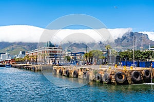 Cape Town, South Africa - January 29, 2020: Table Mountain at the Victoria & Alfred Waterfront. Copy space for text. Copy space