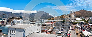 Cape Town, South Africa - January 29, 2020: Table Mountain at the Victoria & Alfred Waterfront. Copy space for text