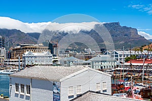 Cape Town, South Africa - January 29, 2020: Table Mountain at the Victoria & Alfred Waterfront. Copy space for text