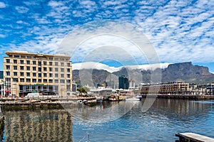 Cape Town, South Africa - January 29, 2020: Table Mountain at the Victoria & Alfred Waterfront. Copy space for text