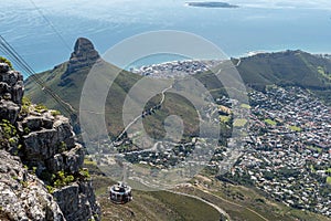 Cable car, Lions Head, Robben Island seen from Table Mountain