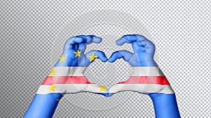 Cape Verde flag color, hands show symbol of heart and love photo