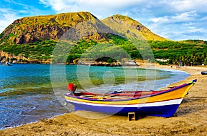 Cape Verde - Tarrafal Cove Yellow Sand Beach, Colorful Fishing Boat