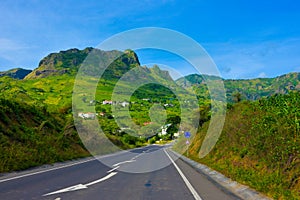 Cape Verde Volcanic Fertile Landscape, Tar Road to Small Rural Town, Fertile Slopes, Volcano Crater