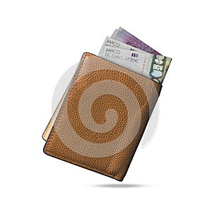Cape Verdean escudo notes popping out of a brown leather menÃ¢â¬â¢s wallet. Cape Verdean escudo in wallet photo