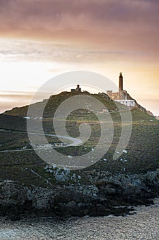 Cape Vilan Lighthouse, Cabo Vilano, in Galicia at sunset, Spain