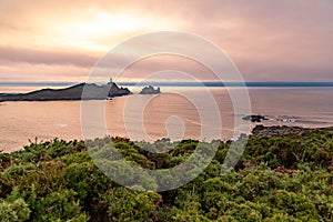 Cape Vilan Lighthouse, Cabo Vilano, in Galicia at sunset, Spain