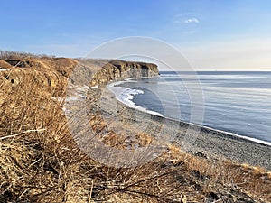 Cape Vyatlin on Russian Island in Vladivostok in winter. Russia