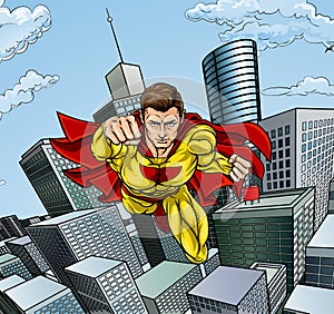 Caped Flying Super Hero City Scene