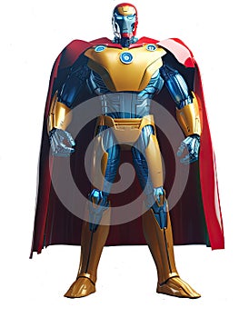 Caped Superhero Robot Standing on a White Background Vertical Comp