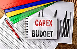 CAPEX BUDGET text on notebook with pen, folder on a chart background