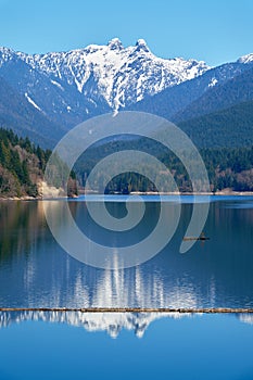 Capilano Lake Lions Peaks Reflection North Vancouver vertical photo