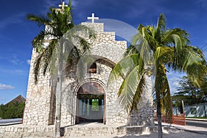 Capilla Santa Cruz Catholic Church and Palm Trees on Cozumel Waterfront