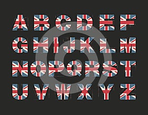 Capital 3d Alphabet with UK flag texture isolated on black background. Vector illustration. Element for design. Kids alphabet