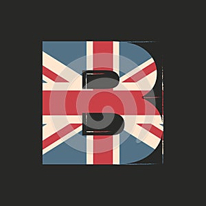 Capital 3d letter B with UK flag texture isolated on black background. Vector illustration. Element for design. Kids alphabet