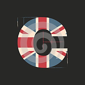 Capital 3d letter C with UK flag texture isolated on black background. Vector illustration. Element for design. Kids alphabet