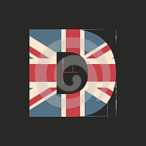 Capital 3d letter D with UK flag texture isolated on black background. Vector illustration. Element for design. Kids alphabet